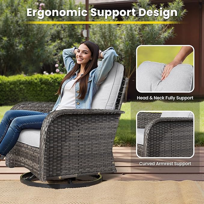 7 Pieces Outdoor Patio Furniture Set with Coffee Table, All Weather Wicker Patio Conversation Sets with Rocking Chairs, Balcony Furniture Sets for Backyard, Garden, Poolside, Grey