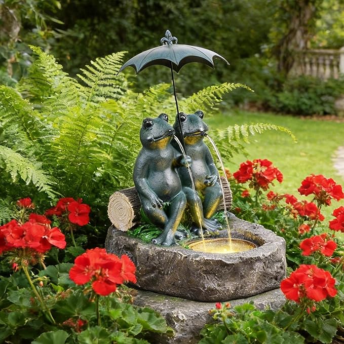 21" Frog Outdoor Water Fountain with LED Lights, Whimsical Resin Tabletop Waterfall Fountain Under Umbrella, Soothing Zen Garden Decor for Patio, Yard, Porch & Deck, Faux Bronze