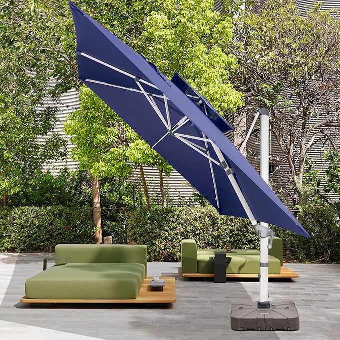 Cantilever Patio Umbrella with Cross Base and Cover Included - 360° Rotation Large Heavy Duty Offset Outdoor Umbrella with Easy Tilt for Pool Backyard Deck Garden (11x11 FT Navy Blue)