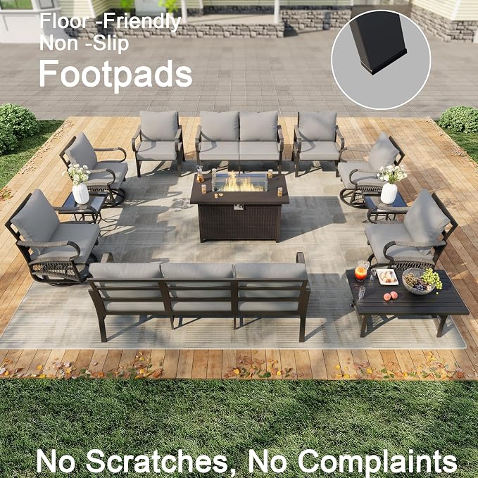 12 Pieces Patio Furniture Set, Metal Outdoor Conversation Sets with Fire Pit Table and Swivel Chairs for Backyard Garden Deck Porch Poolside (Thick Gray Cushions)