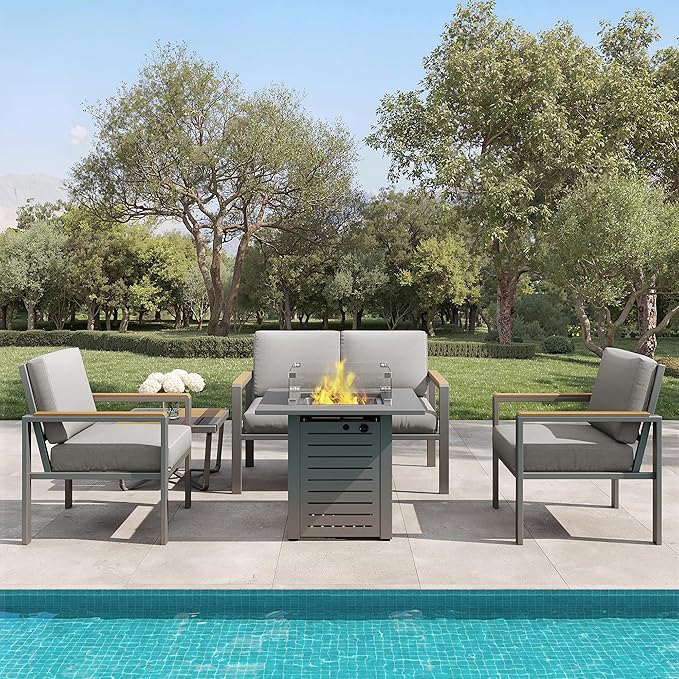5-Piece Patio Furniture Set with 28” Propane Fire Pit Table, Heavy-Duty Metal Outdoor Conversation Set with Deep Cushions & Wood-Like Armrests for Patio, Porch, Backyard, Garden – Grey