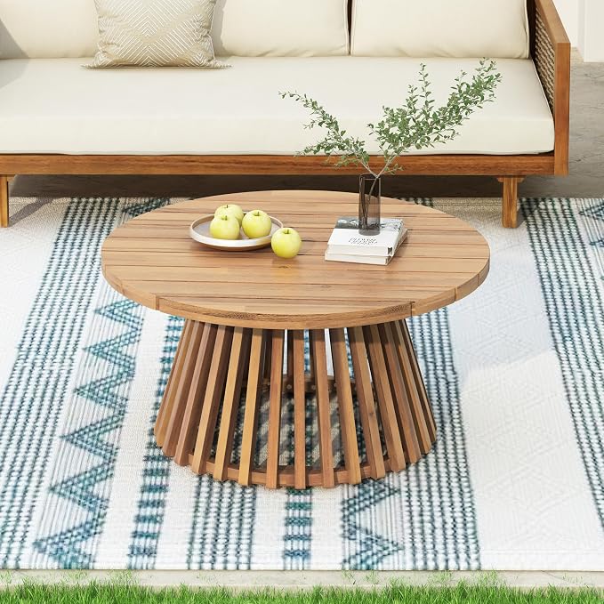 Merax Patio Outdoor Acacia Wood Round Coffee Table for Backyard, Lawn, Balcony, Easy Assemble Teak