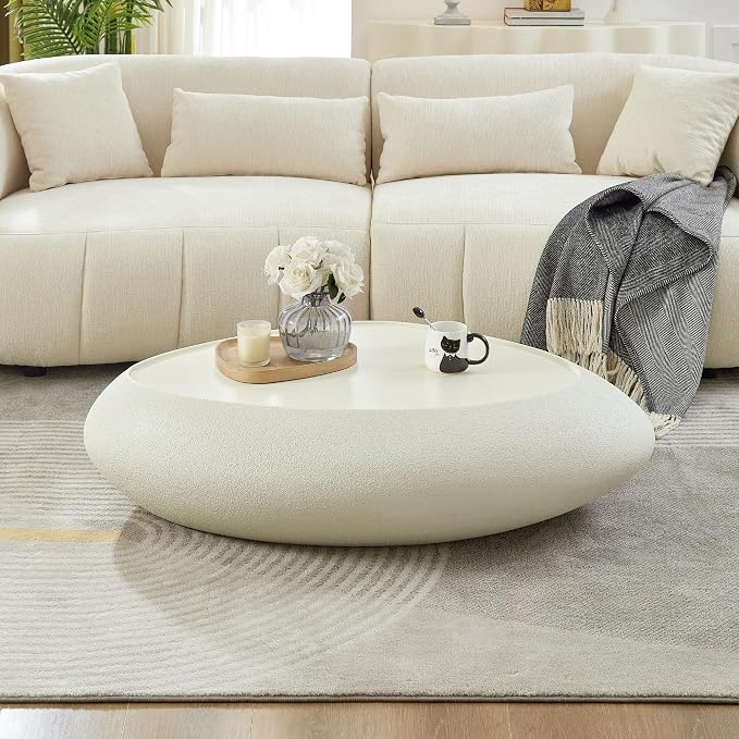 47" Modern Coffee Table Faux Stone Coffee Table Unique Rock Center Tables Round Edge Design Accent Tables for Living Room Office Apartment No Assembly,Fiberglass, Cream White