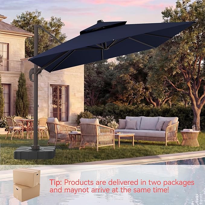 9x12 FT Patio Umbrella with base, Large Cantilever Rectangular Double Top Heavy Duty Offset Umbrellas with 360° Rotation, Outdoor shade for Garden Deck Pool, Navy