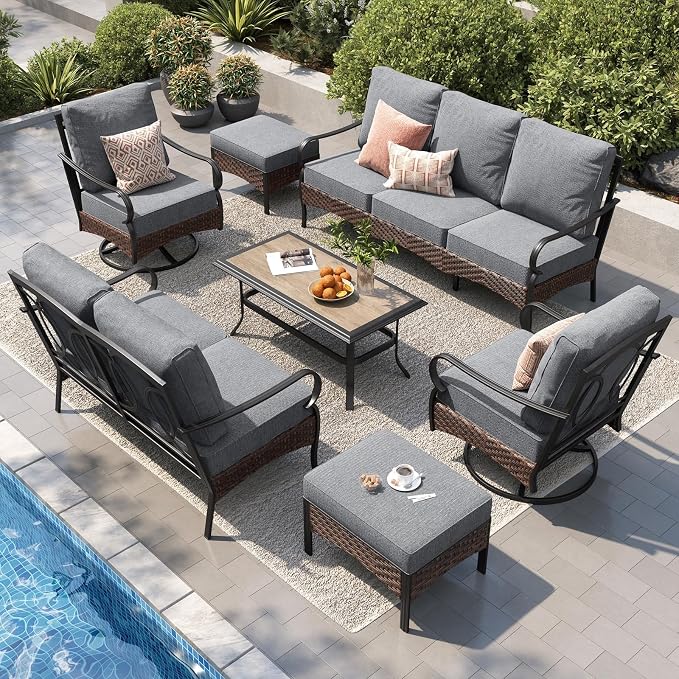 PHI VILLA Patio Furniture Set, Extra Large Wicker & Metal Outdoor Conversation Set Patio Sectional Sofa Set with Swivel Chair & Waterproof Thick Cushions for Porch, Poolside, Deck(7 Pieces, Grey)