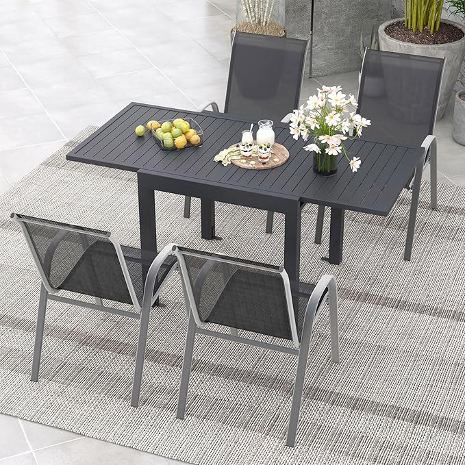 Tangkula 5 Piece Patio Dining Set for 4, Patio Furniture Set with Extendable Aluminum Table & 4 Metal Stackable Chairs, Outdoor Table and Chairs Set for Backyard Garden Deck