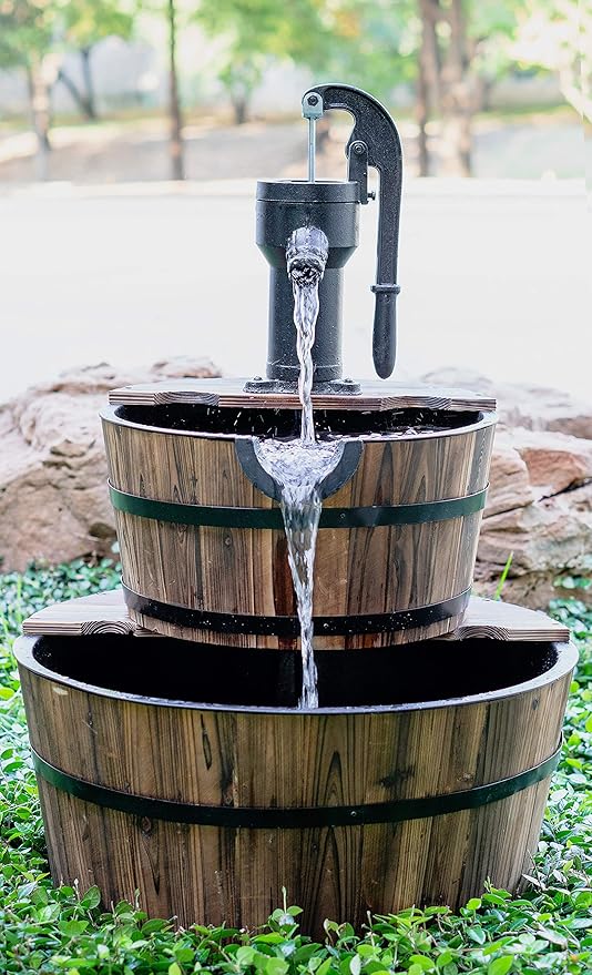 Sun-Ray 2-Tier Rustic Outdoor Fountain, 24in. Wide Garden Decor Water Fountain with Submersible Electric Pump and Cast Iron Hand Pump Accessory for Patio, Garden, and Yard