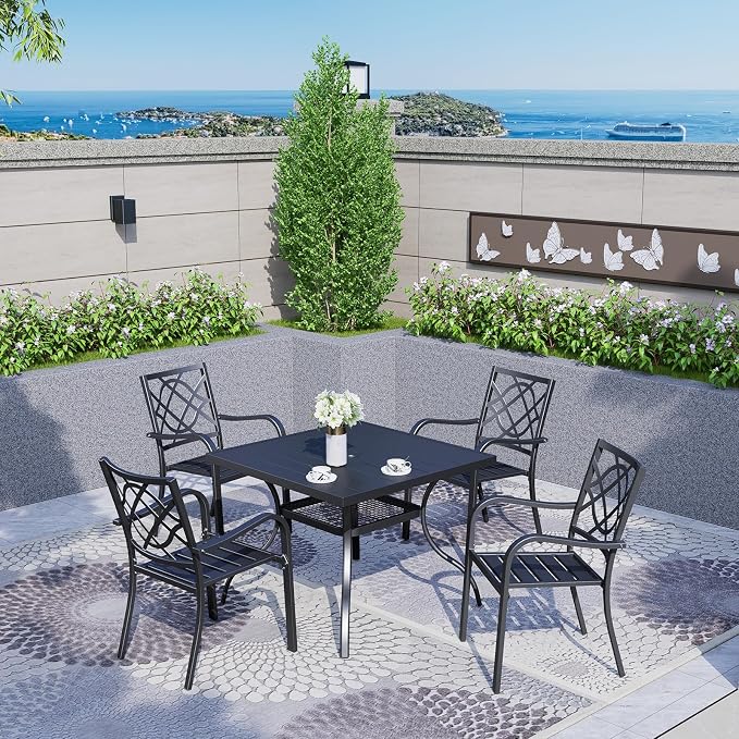 Oakcloud 5-Piece Patio Dining Set with Brown Umbrella, Outdoor Metal Furniture Dining Table Set, 4 Stackable Patio Dining Chairs and Square Dining Table with Umbrella Hole
