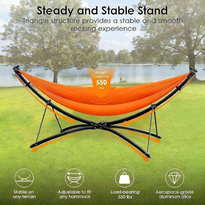 Portable Hammock with Quick Setup Folding Stand & Adjustable Sunshade Canopy & Storage Bag, Adult/Child Hammock Chair, for Camping Home Garden Hotel Outside Beach Forest (Black+Orange)