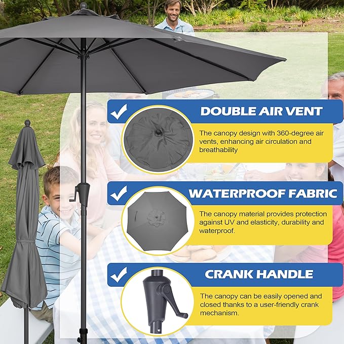 Sunnyglade 9FT Outdoor Patio Umbrella, Market Table Umbrella with 8 Sturdy Ribs and Crank System, Fade-resistant & Waterproof for Garden Backyard Poolside Deck