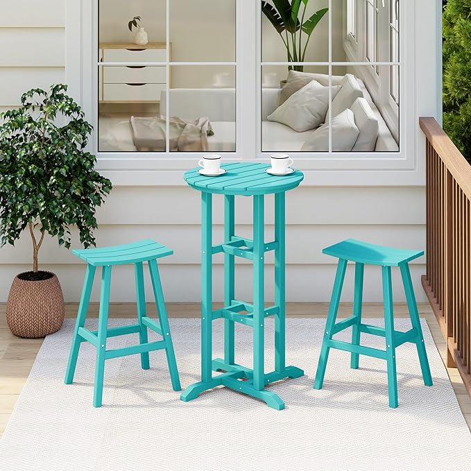 Costaelm Outdoor Bar Table, 42" Counter Height Round Patio Cocktail Bar Table, Patio Bar Table 3-Pieces Set Bistro Dining Table Pub Table for Deck, Backyard, Garden, Turquoise