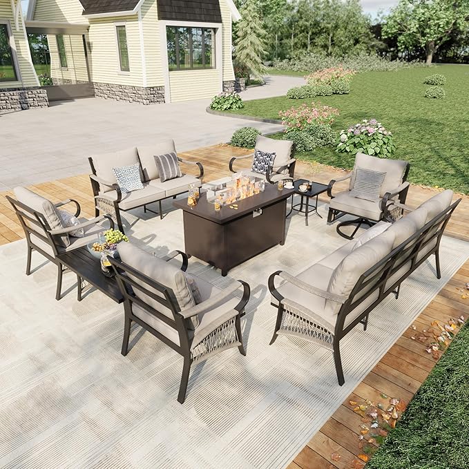 9 Pieces Outdoor Patio Conversation Sets, Outdoor Furniture Set Metal 3-Seater 2 Swivel Rockers with Side Table 2 Single Chairs 1 Loveseat with Coffee Table and Fire Pit Table, Beige