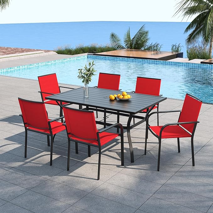 Anmutig Cherry Red Stackable Patio Chairs with 60"X38" Rectangular Outdoor Dining Set All Weather Furniture - 7 Piece