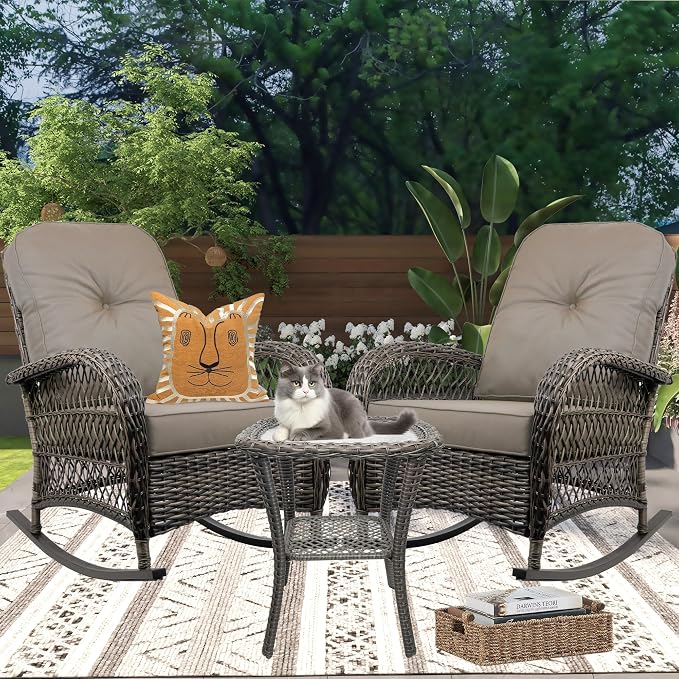 Outdoor Wicker Rocking Chair, All Weather Resin Rattan Wicker Rocking Chairs and Glass Coffee Table, for Garden Backyard Lown Porch,3pc,Brown