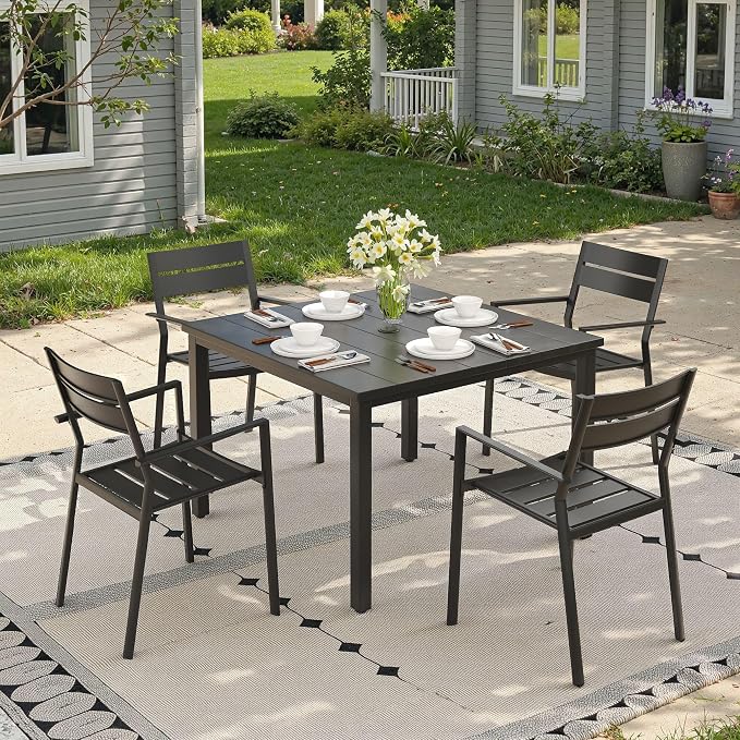 Patio Dining Set for 4, 40.2" Outdoor Dining Table and Chairs Set with Stackable Patio Chairs Outdoor Furniture for Garden Deck Backyard, Black Table and Black Chairs