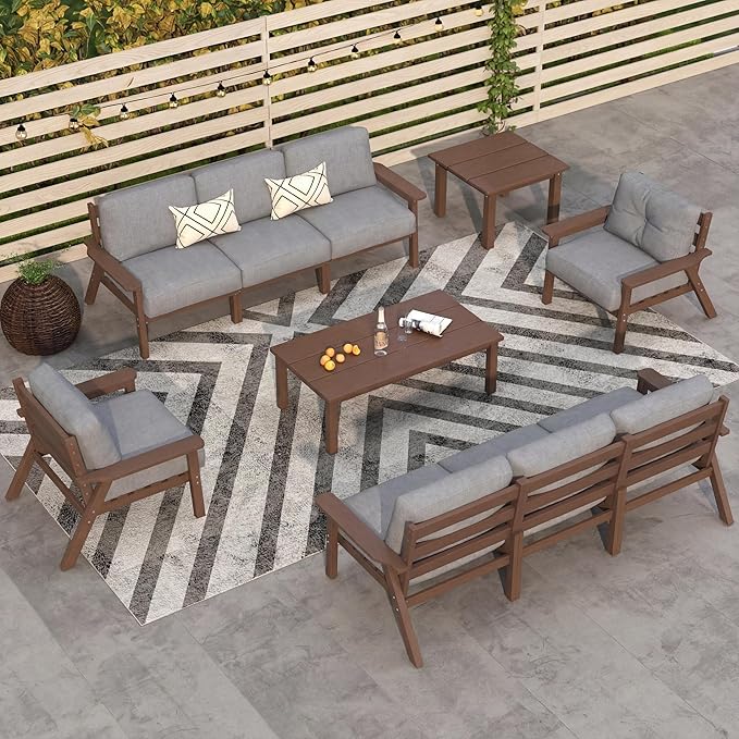 10 Piece Outdoor Patio Furniture Set, Outdoor Couch with Washable Thick Gray Cushions, Coffee Table & Side Table, Patio Conversation Sets for Lawn, Garden, Porch, Balcony (Brown Frame)