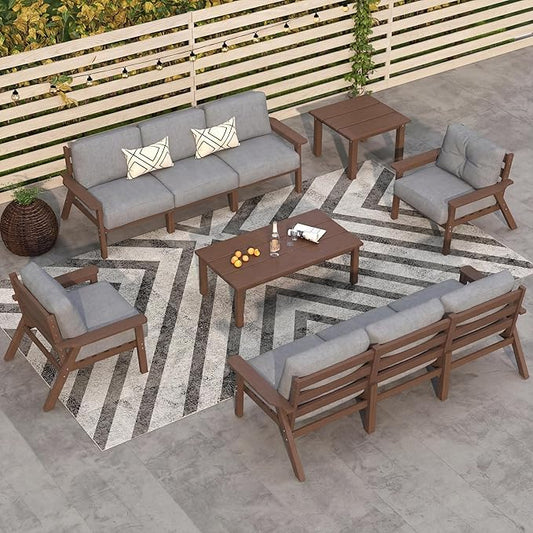 10 Piece Outdoor Patio Furniture Set, Outdoor Couch with Washable Thick Gray Cushions, Coffee Table & Side Table, Patio Conversation Sets for Lawn, Garden, Porch, Balcony (Brown Frame)