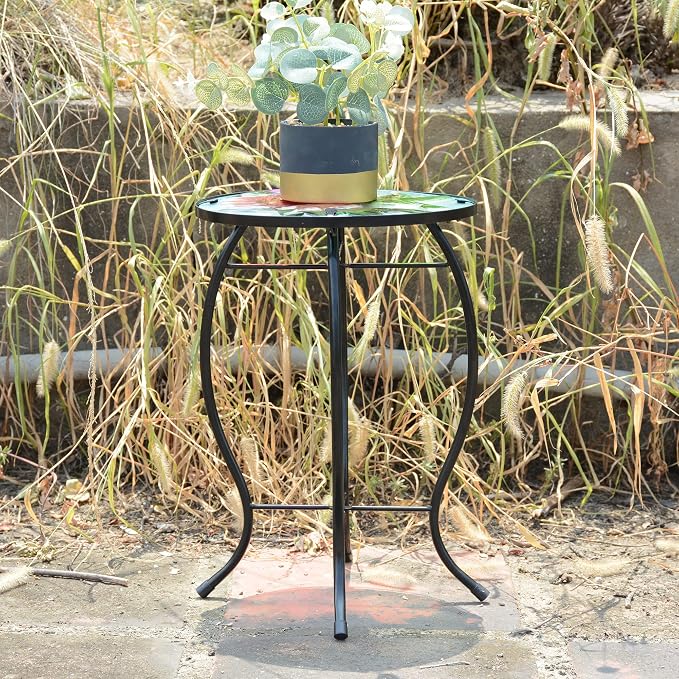 12 Inch Round Hummingbird Glass Side Table, Patio Small Table, Outdoor Side Table, Outdoor Bar Table, Metal Glass End Table for Porch Garden Patio Pool Living Room
