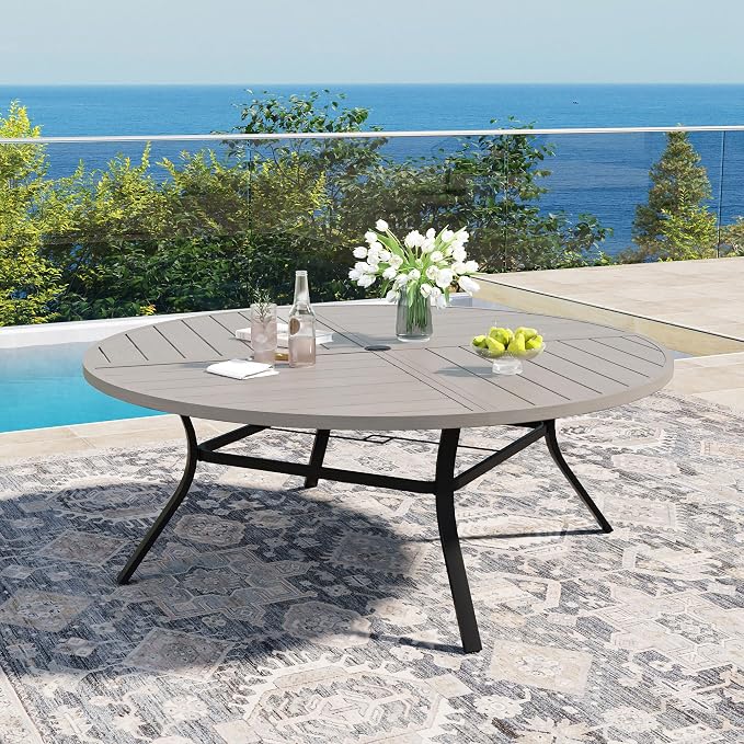 DIFY Patio Table and Chairs Set for 8, 9 Piece Outdoor Dining Set, 63" Grey Wood-Like Round Metal Dining Table with Umbrella Hole and 8 Grey Textilene Swivel Patio Chairs, for Garden Backyard Deck