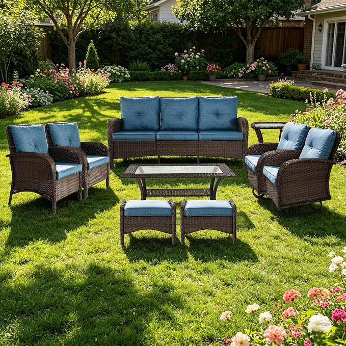 Outdoor Swivel Rocker Patio Chairs (Brown Wicker/Blue Cushion, 9PC/Sofa & Swivel & Chair &2 Table& Ottomans)