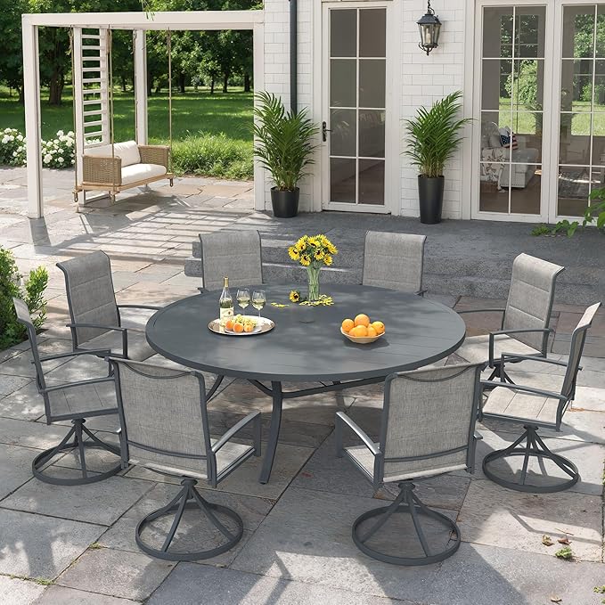 VICLLAX 9 Pieces Outdoor Dining Set, Patio Furniture Set Includes 53" Round Metal Table W/ 1.9" Umbrella Hole and 8 Padded Textilene Swivel Chairs for Porch, Lawn, Garden, Backyard