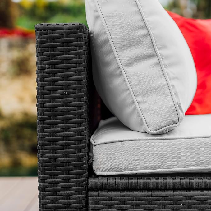 Nestl Patio Furniture Set 7 Piece Outdoor Conversation Set with Black Wicker Sectional and Off White Cushions