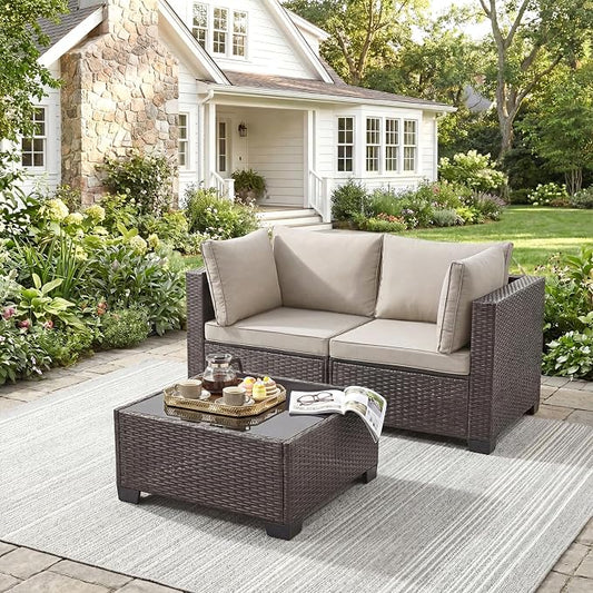 ANJ 3 Piece Outdoor Wicker Patio Furniture Set, Modular Loveseat Sofa with with Glass Top Coffee Table, All-Weather Rattan Conversation Couch Set for Balcony, Backyard, Dark Brown Wicker-Grey