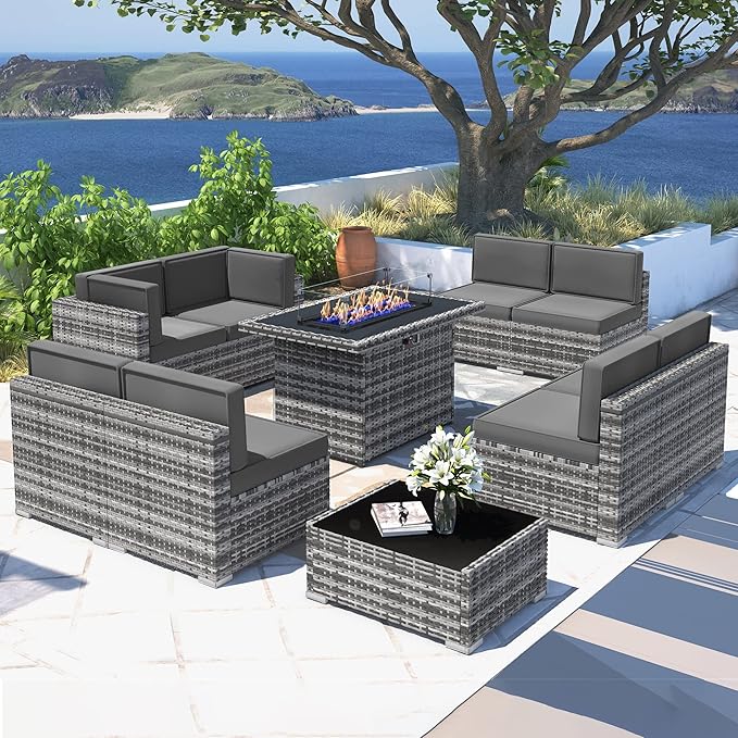 10 Pieces Patio Furniture Set with 44" Propane Gas Fire Pit Table, Outdoor Sectional Wicker Conversation Sofa Sets with Coffee Table