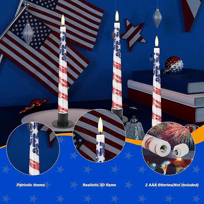 Flameless Patriotic Candles, 9.6" Real Wax 4th of July Led Candles with Remote, 3 Pack Flickering Independence Day Flameless candlesticks for Table, Home, Party Decor