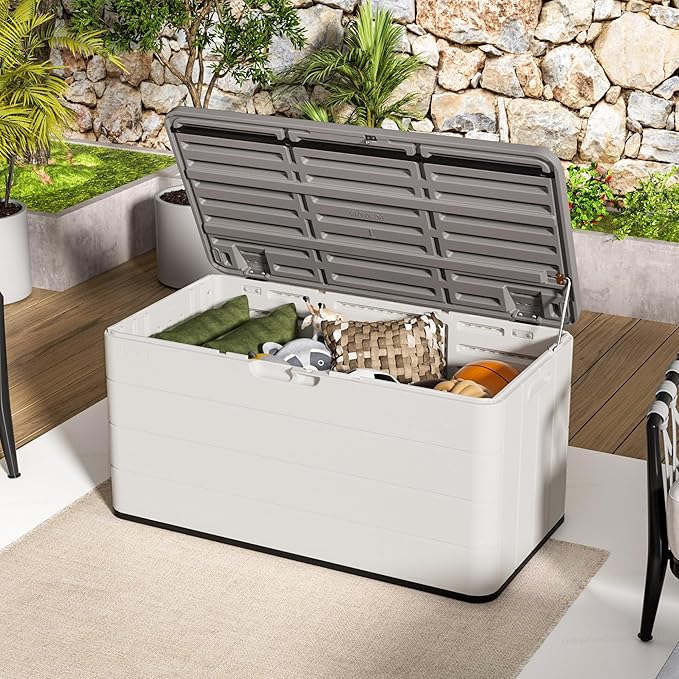 110 Gallon Pro Resin Deck Box, Waterproof Outdoor Storage Bin for Patio Furniture, Pool Accessories, and Garden Tools, Lockable & UV-Resistant, White