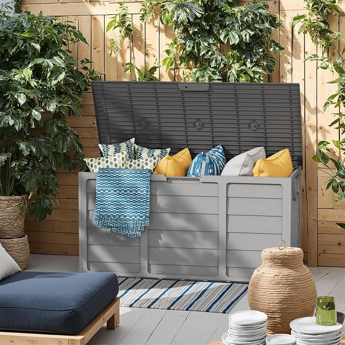 Crownland Outdoor 75 Gallon Storage Deck Box, Weatherproof Woodgrain Patio Storage Box for Balcony, Garden, Backyard (Grey)