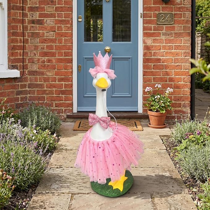 Porch Goose Statue Garden Décor - 20″ Large Porch Goose Statues with Crown Pink Skirt, Resin Animal Figurine Indoor or Outdoor Decor for Patio,Entryway Accent,Housewarming Birthday Gifts for Mom Women