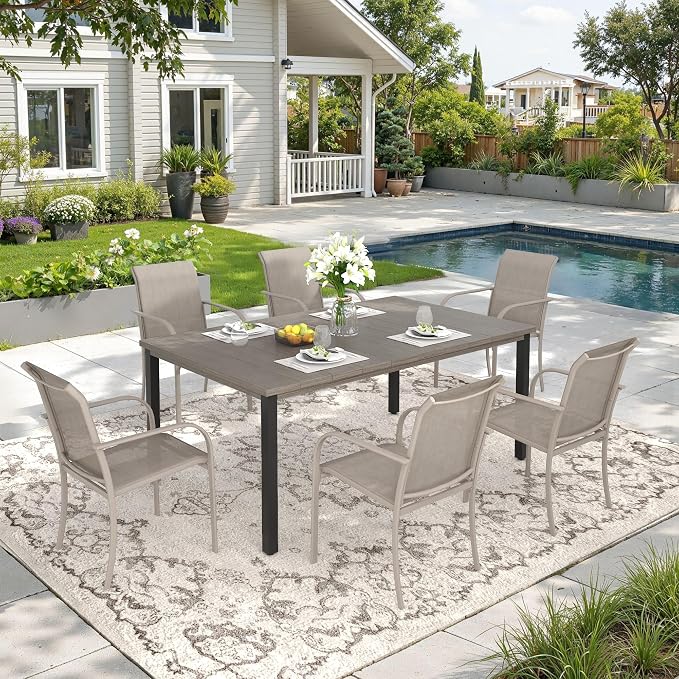 DIFY 7 Pieces Outdoor Patio Dining Set for 6, 63" Grey Wood-Like Rectangle Metal Dining Table and 6 Sandshell Stackable Sling Dining Chairs, Outdoor Table and Chairs for Lawn Garden Backyard Deck