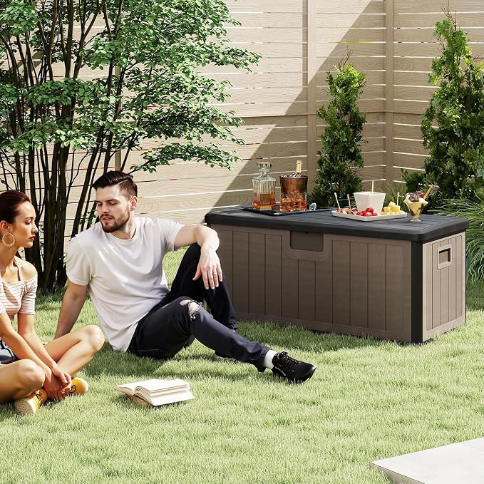 HAPPYGRILL Outdoor Storage Deck Box with Lockable Design & Gas Strut, Handle, 100 Gallon HDPE Patio Storage Organizer for Lawn Backyard Poolside (Black Brown)