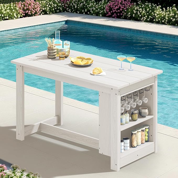 SERWALL Outdoor Bar Table, All Weather HDPE 36" Counter Height Dining Table with Storage and Wine Rack for Patio, Garden, Backyard, Balcony, Poolside, White