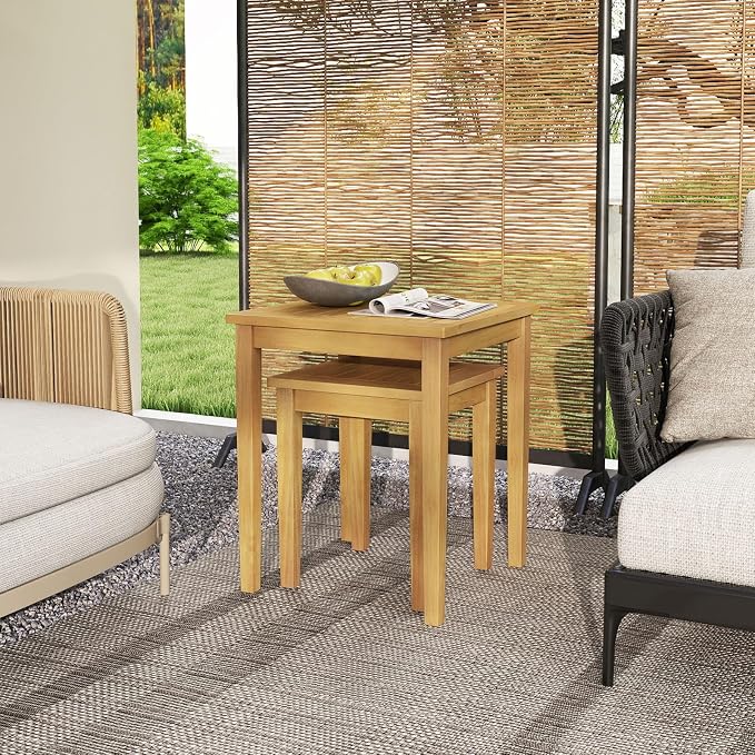 Tangkula 2 Pieces Patio Nesting Table, Teak Wood Outdoor Space Saving Design Square End Table for Poolside, Lawn, Garden, Balcony (Natural)