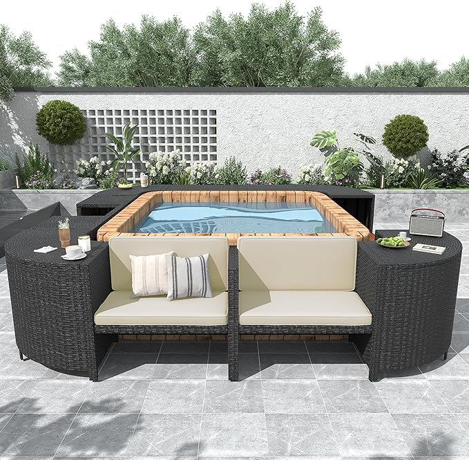 LUMISOL Square Spa Surround Spa Frame, Quadrilateral Outdoor Rattan Sectional Sofa Set with Sofa, Wood Seats and Storage Spaces for Free Combination, Patio Conversation Set for Poolside Garden, Beige