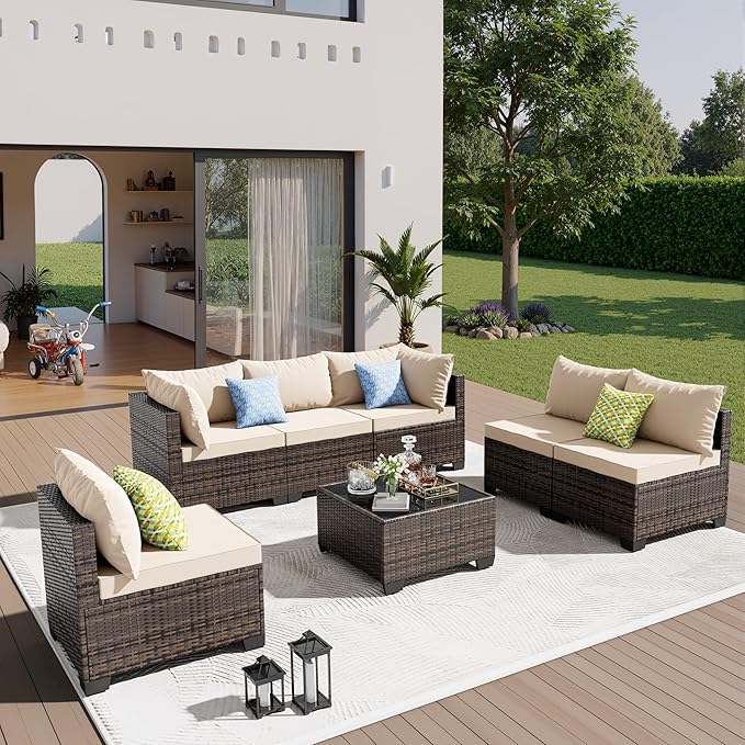 7 Pieces Patio Furniture Set - Outdoor Sectional Wicker Rattan Furniture with Cushion and Glass Table Patio Conversation Sets for Porch Poolside Backyard Outdoor Sofa Set Modular Sofa
