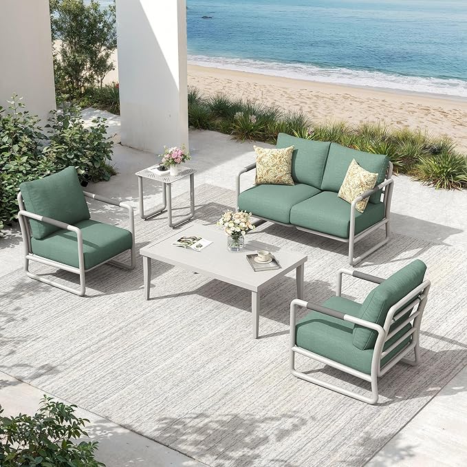 Aluminum Outdoor Patio Furniture Set, 4-Piece Conversation Sofa Set with Coffee Table, Thick Cushions & All-Weather Aluminum Frame, Modern Garden Seating for Backyard, Poolside, or Porch – White