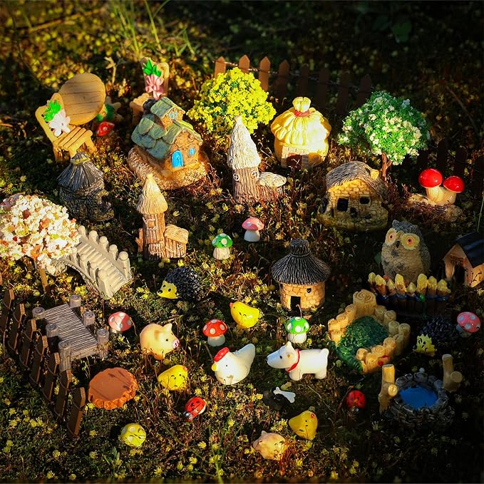 60 PCS Mini Fairy Garden Accessories Kit Miniature House Decor | Mini Fairy Figurines Outdoor DIY Micro Landscape Ornaments for Terrarium Dollhouse Succulent Craft
