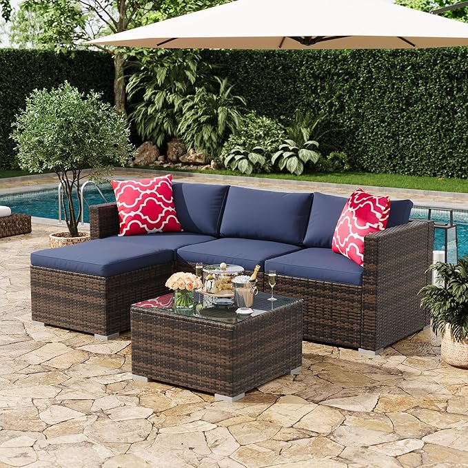 GAOMON 5-Piece All-Weather Patio Furniture Set, Convertible Outdoor Sectional Sofa with Ottoman & Tempered Glass Table, PE Rattan Conversation Set for Garden, Backyard, Porch, Poolside