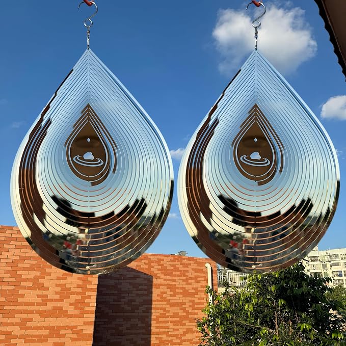Hanging Wind Spinners,3D Water Droplets Shape Highly Reflective Stainless Steel Outdoor Garden Decor, Decorations to Scare Away Yard Birds 11.4inch 2Pcs
