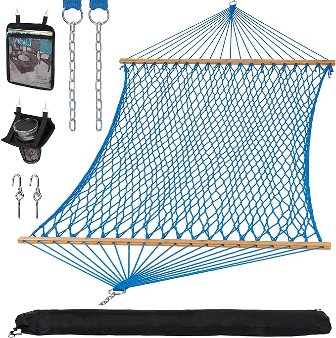 SUNCREAT Polyester Rope Hammock with Bamboo Spreader Bar, Carrying Bag, 450 lbs Capacity, Two Person Hammock with Tree Hooks, Blue