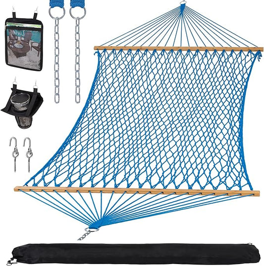 SUNCREAT Polyester Rope Hammock with Bamboo Spreader Bar, Carrying Bag, 450 lbs Capacity, Two Person Hammock with Tree Hooks, Blue