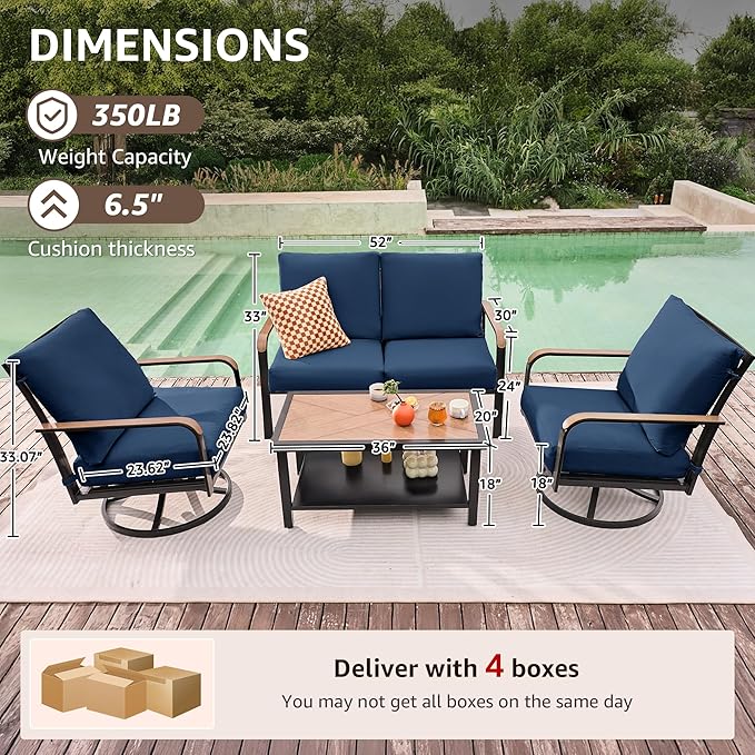 NATURAL EXPRESSIONS Patio Furniture Sets,4 Pieces Metal Outdoor Conversation Sofa Set with High Back Swivel Rocking Chairs with Anti-Scald Armrest,Double-Deck Wooden-Grain Table,6" Cushions for Yard