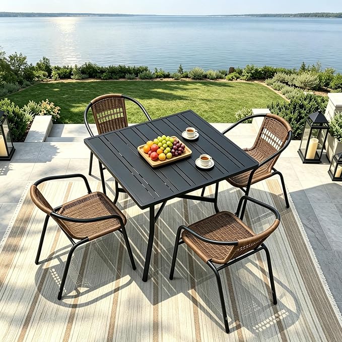 Black Outdoor Square Metal Table with Umbrella Hole, Patio Dinner Table for 4, All-Weather Outdoor Steel Dining Table for Deck, Porch, Backyard