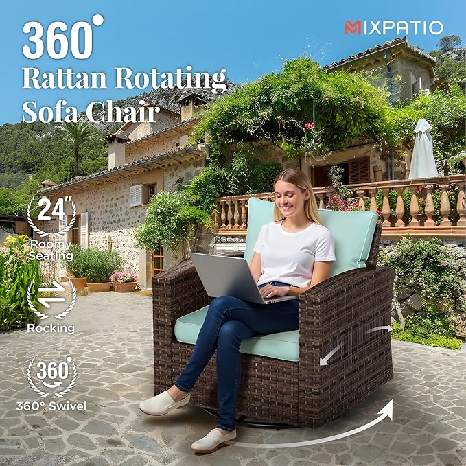 4 Pieces Swivel Wicker Patio Furniture Set, Rattan Outdoor Conversation Set with 2 Pieces Swivel Glider Chairs, 2 Pieces Ottomans, Blue