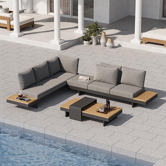 homary Outdoor Conversation Sets, 6 Piece Aluminum & Teak Patio Sectional Sofa Set with Adjustable Backrests, Waterproof Cushions, Ideal for Patios & Balconies | Outdoor Materials, Fade Resistant, Modular design