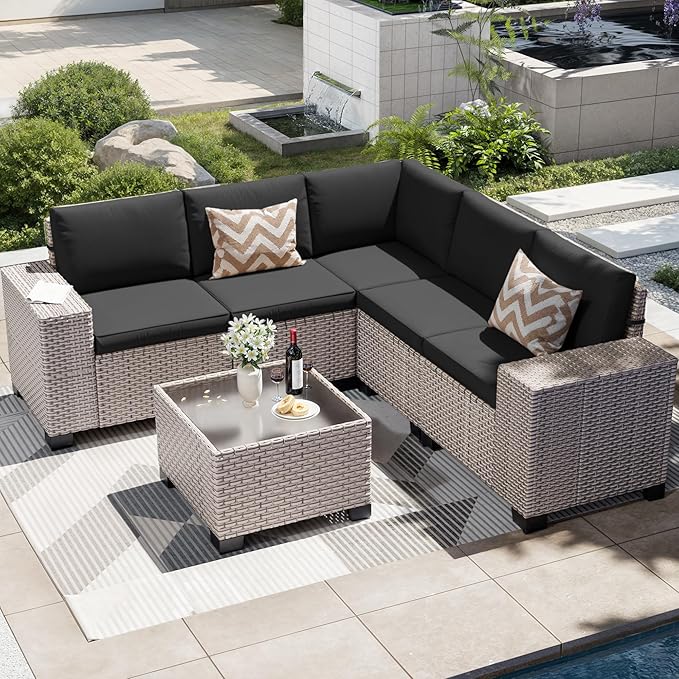 6-Piece Outdoor Patio Furniture Set, Modular Sectional Sofa Set with Glass Coffee Table and Cushions, Wicker Outdoor Couch Conversation Sets, Black