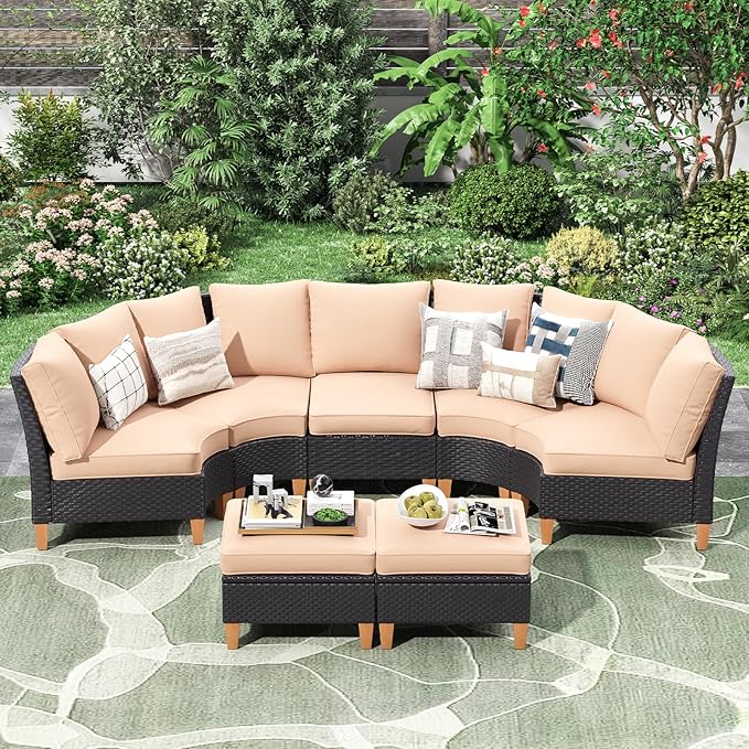 Soohow Half-Moon Patio Conversation Set, 7 Piece Outdoor Sectional Furniture Set with Cushions, Wicker Patio Conversation Set Outdoor Sectional Sofa, All-Weather for Garden, Backyard and Poolside
